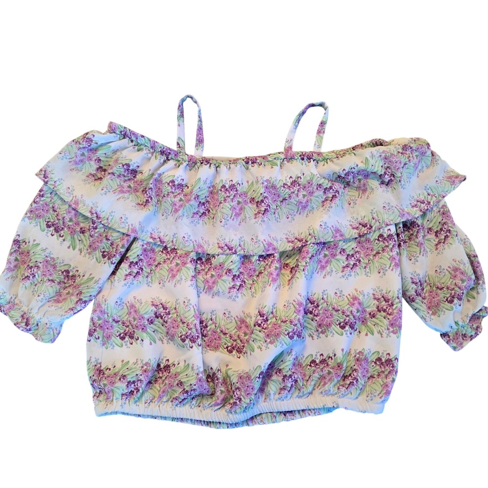 Janie and Jack Girls Purple Floral Cold Shoulder Ruffle Blouse Top Size 12